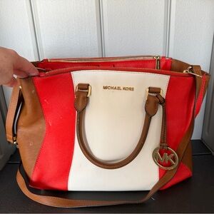 Michael Kors Red, Cream & Brown Colorblock Satchel